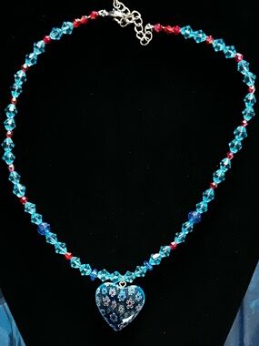 Handmade Turquoise & Red Beaded Heart Pendant Necklace